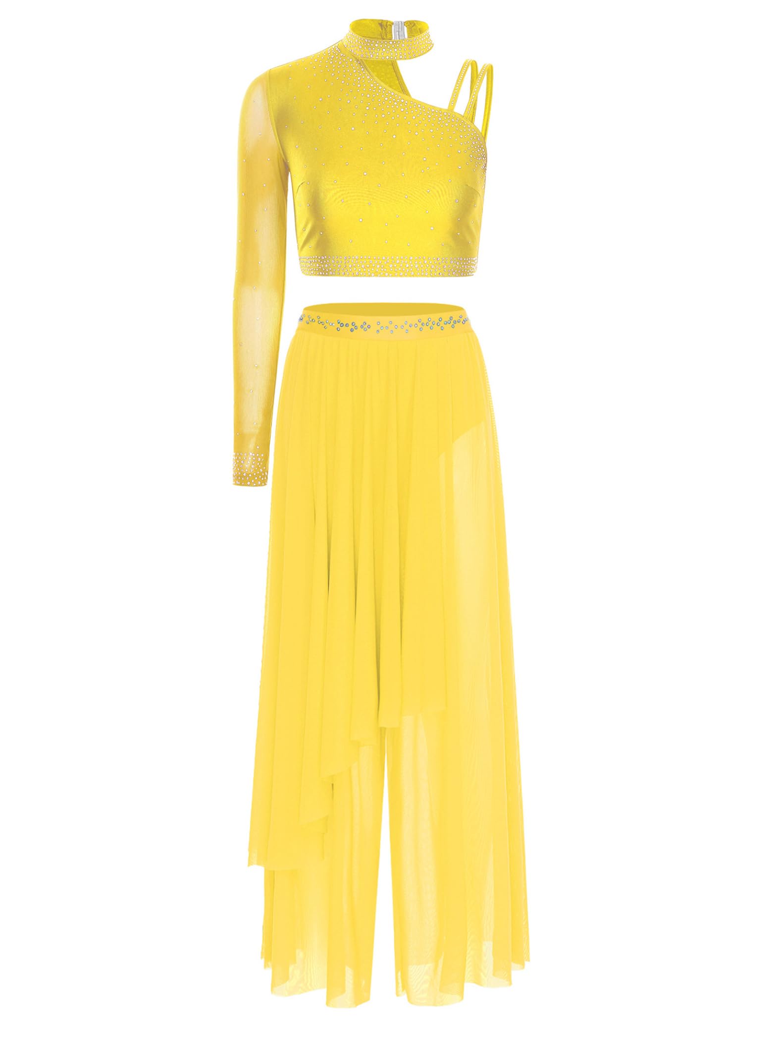 Tenue Danse Lyrique pour Femmes Scintillante Crop Tops Manches Longues avec Collant Danse Tenue Contemporaine Moderne