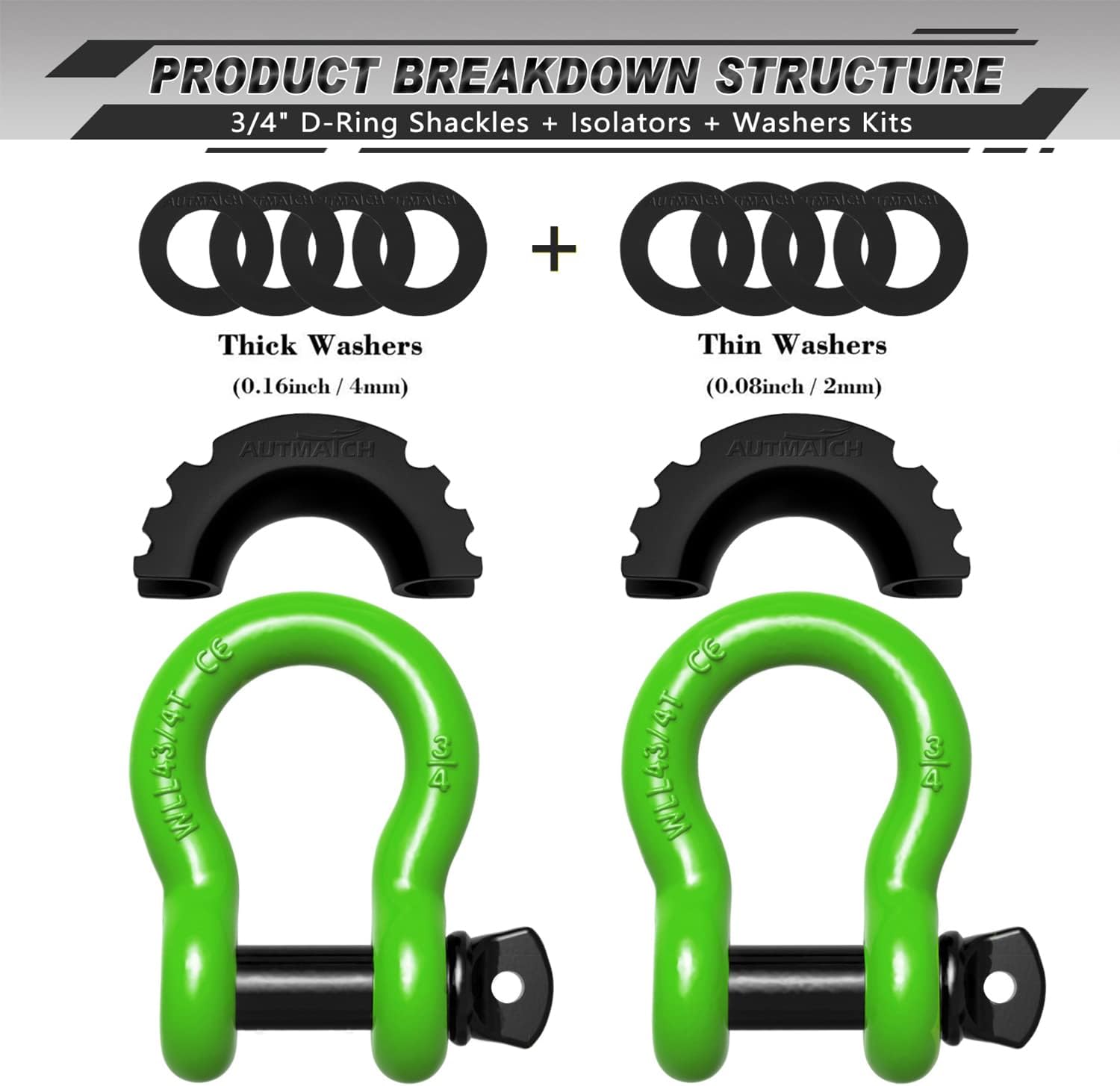 AUTMATCH 3/4" D Ring Shackle with Shackle Isolator & Washers Kit, Winch Cable Hook Stopper and Silicone Rubber Shock Absorbent Winch Stopper for Jeep Tow Strap Winch Off Road Vehicle Recovery, Green