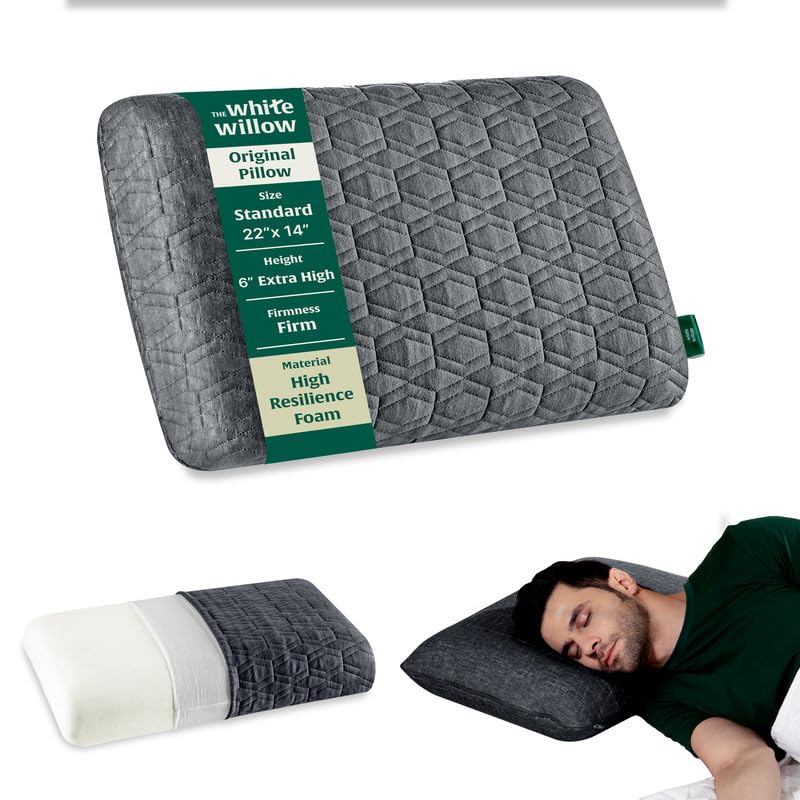 The White Willow Hard Pillow for Neck & Shoulder Pain Relief-Hard Memory Foam-Cervical Pillow for Sleeping-Orthopedic Pillow for Back & Side Sleepers-Extra Firm- Extra Thick Standard Size-6″ H-Grey