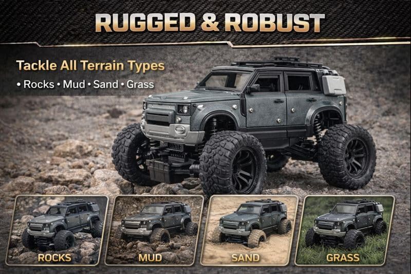 Image of 200+ Feet Range Rechargeable Metal Body Defender RC Rock Crawler Car with Double Mist Spray, LED Headlights, Type-C Port, Off-Road Remote Control Monster Truck Toy for Kids (Black)