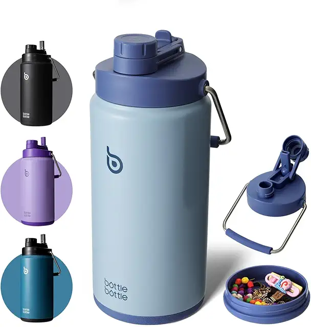 64 oz Insulated Water Bottle with Dual-Use Lid, Straw & Handle for Sports