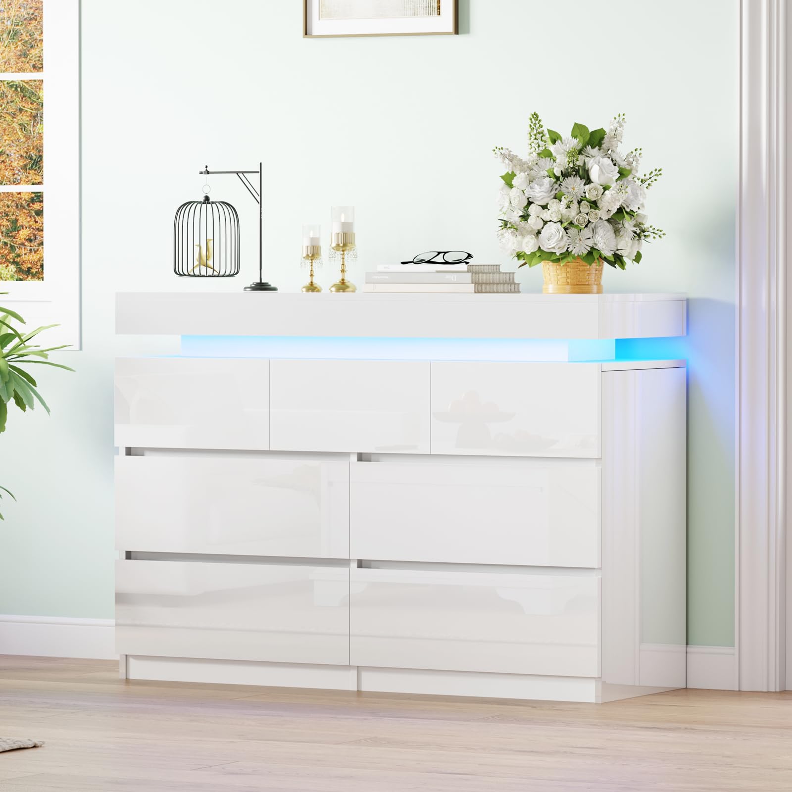 BSTSEL White High Gloss Chest of Drawers, 7 Drawers Chest, Large Storage Space for Living Room and Bedroom Bedside Table Cabinet with 16 Colours RGB Lights (7 Drawers Cabinet High Gloss)