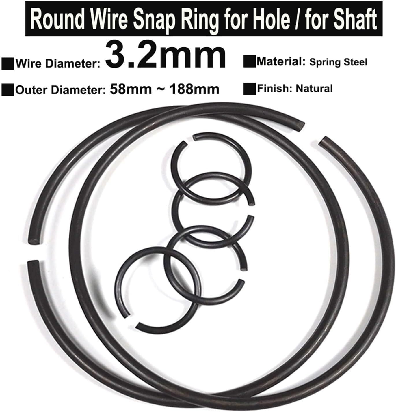 Retaining Rings，Round Snap Ring，5Pcs Wire Diameter φ3.2mm Spring Steel Round Rings for Hole Retainer Circlips Shaft OD=58mm~188mm(3.2x58x4)(3.2x158x1)