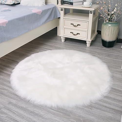 Miniatura 2 de Alfombra redonda de piel sintética blanca de 2 pies de diámetro, esponjosa, súper suave, mullida, alfombra de piel sintética mullida de lujo para