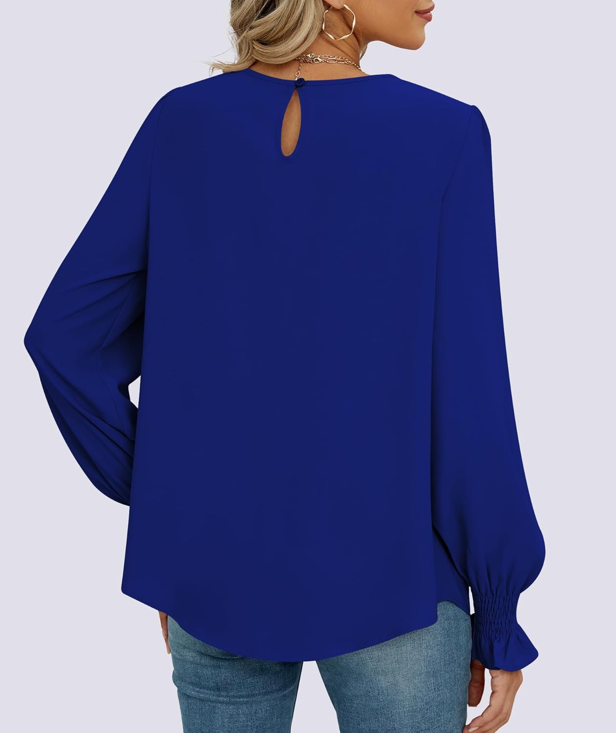 Funlingo Womens Tops Dressy Casual Smocked Long Sleeve Shirts Crew Neck Loose Chiffon Tunics Office Work Blouses - Image 5