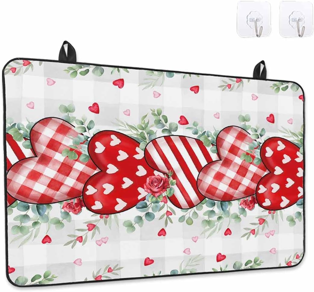 Valentine Stove Top Cover Love Heart Rose Stove Cover for Electric Stove Top Eucalyptus Leaf Grey Plaid Glass Cooktop Covers Anti-Slip Mat Heat Resistant Countertop Protector Kitchen Decor 28.5"x20.5"