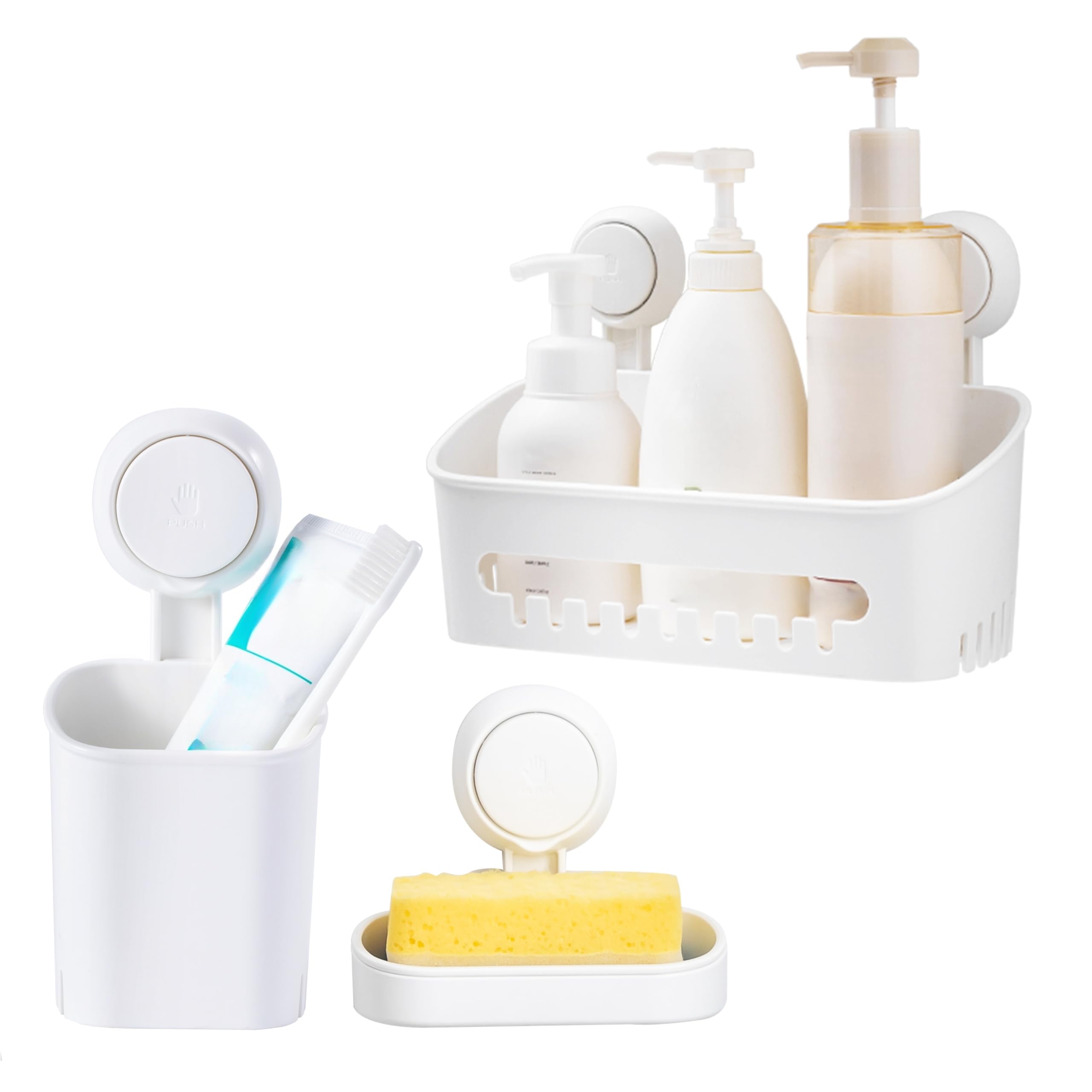 MoJoTools Shower Caddy Suction Cup Set - No-Drill Removable 3-Pack Organizer with Shower Shelf Soap Dish and Toothbrush