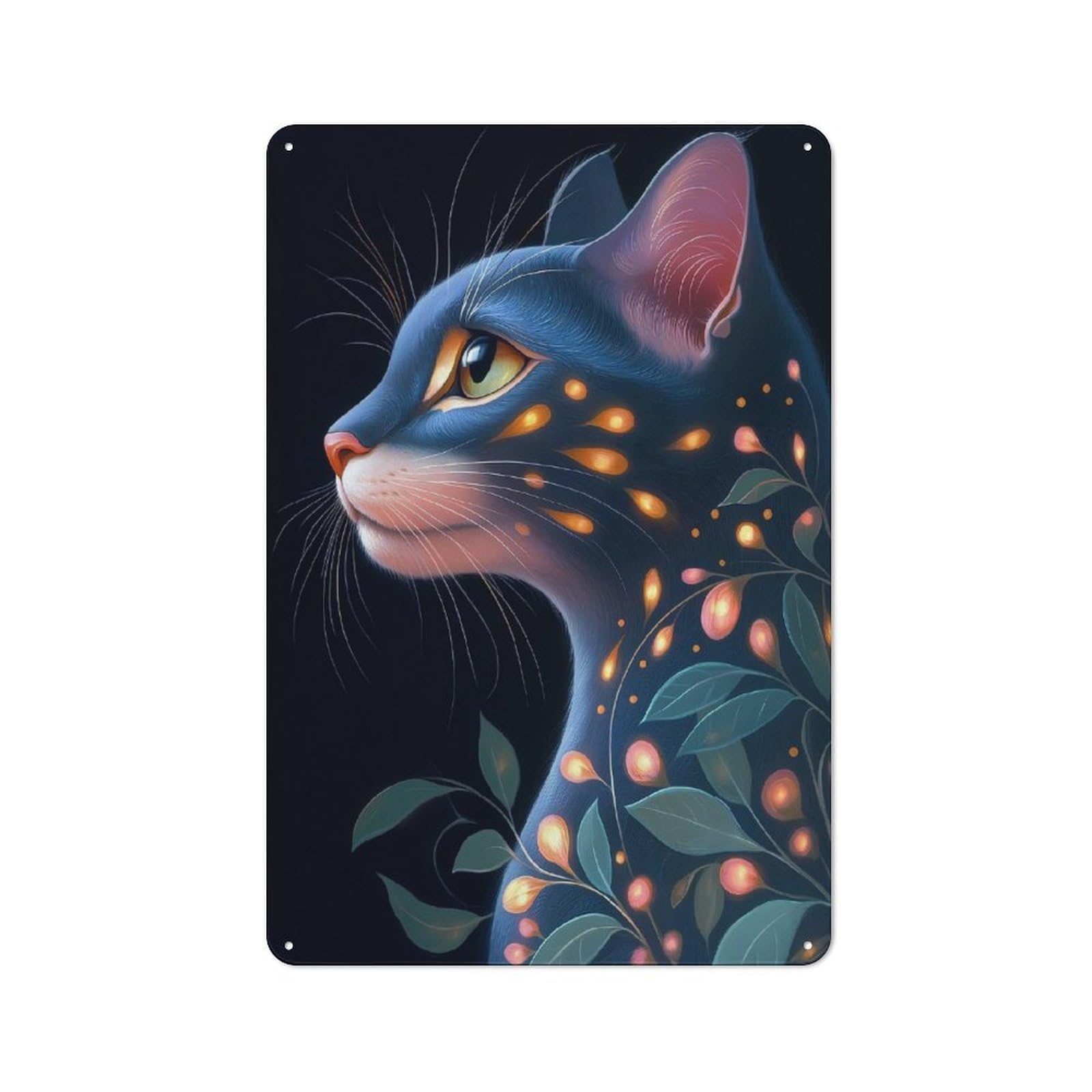 Junmoney Style-11 Glowing Egyptian Mau Cat With Floral Design Animal Classic Metal Wall Decor 30X20cm, Metal Sign For Cafe, Pub, Workshop Or Home Bar, Small Accent For Blank Walls