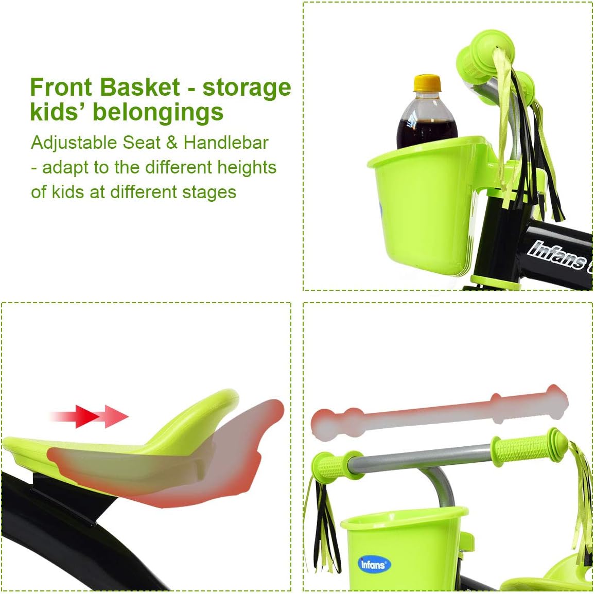 INFANS Kids Tricycle Rider with Adjustable Seat, Storage Basket, Premium Quiet Wheels, Non-Slip Handle (Green) : Sports & Outdoors