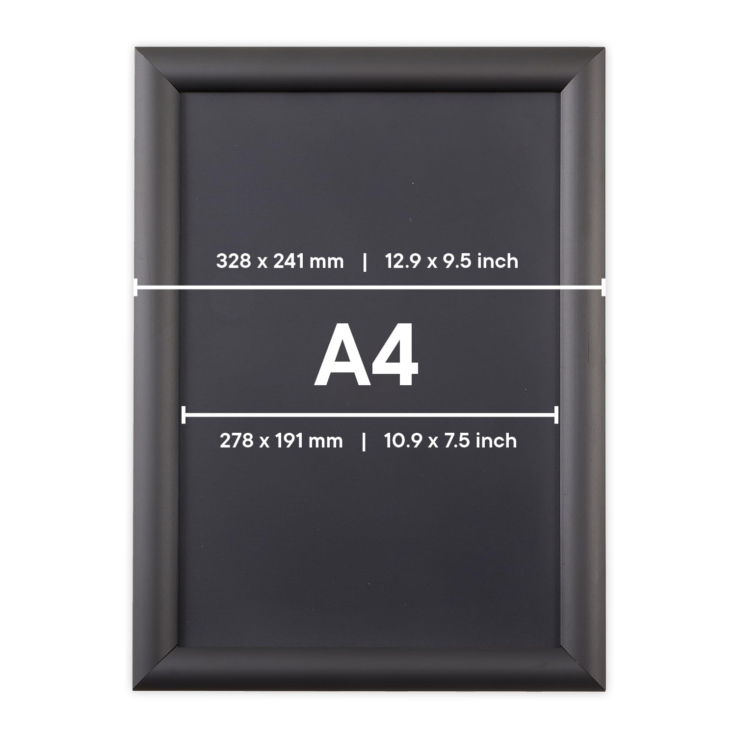 Europel Marco Economy Snap A4, color negro, perfil de aluminio de 25 x 11 mm, para carteles de 21 x 29,7 cm, película antirreflectante, visualización de publicidad, menús, hotel, oficina, restaurante