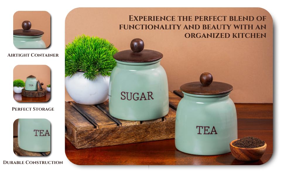 Image of Metallure Home Modern Kitchen Set | Air Tight Containers for Kitchen Storage | Tea Sugar Container Set of 2 | Wooden Lid Container | Food-Safe Metal Containers | Jar Container Set for Home (Green)