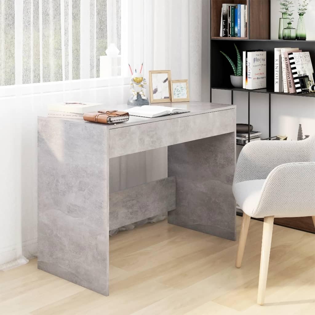 Scrivania grigio cemento, 101 x 50 x 76,5 cm, in legno con 2 cassetti, robusto tavolo da lavoro per ufficio e casa, piano stabile per monitor e accessori, semplice