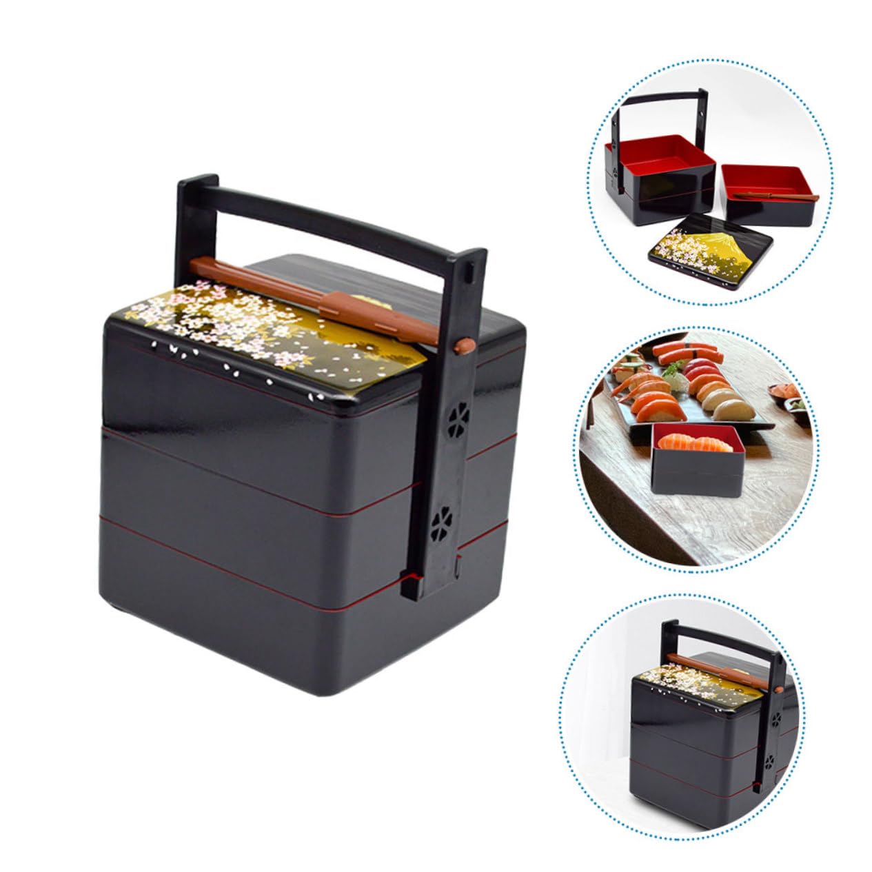 Boîte à Bento Japonaise Portable Noire, Design Trois Niveaux