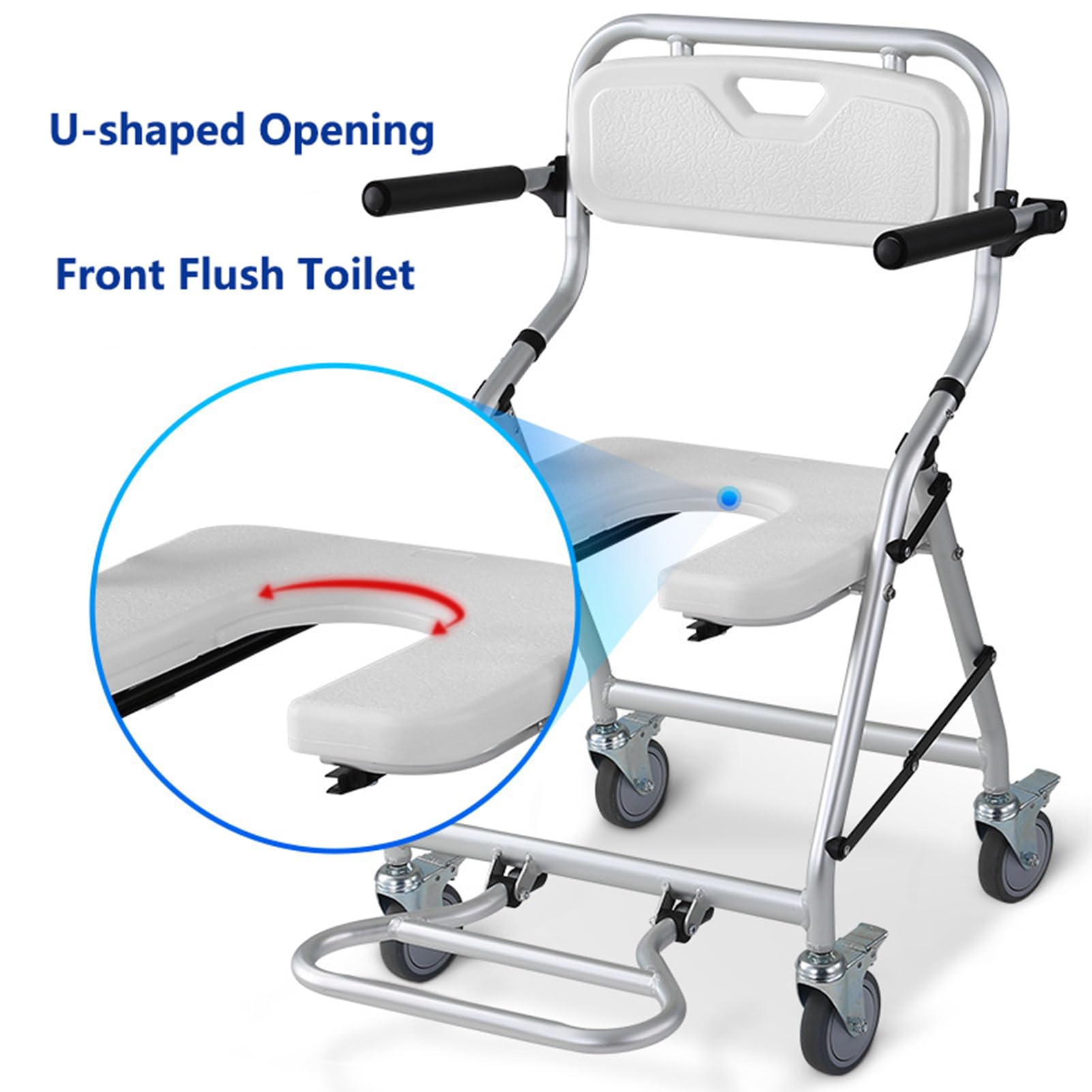 Silla WC Personas Mayores con Ruedas Plegable, Silla para Ducha para Personas Mayores con Pedales Y Respaldo Ergonómico, Silla De Ruedas para Baño, Carga Máxima 120 Kg