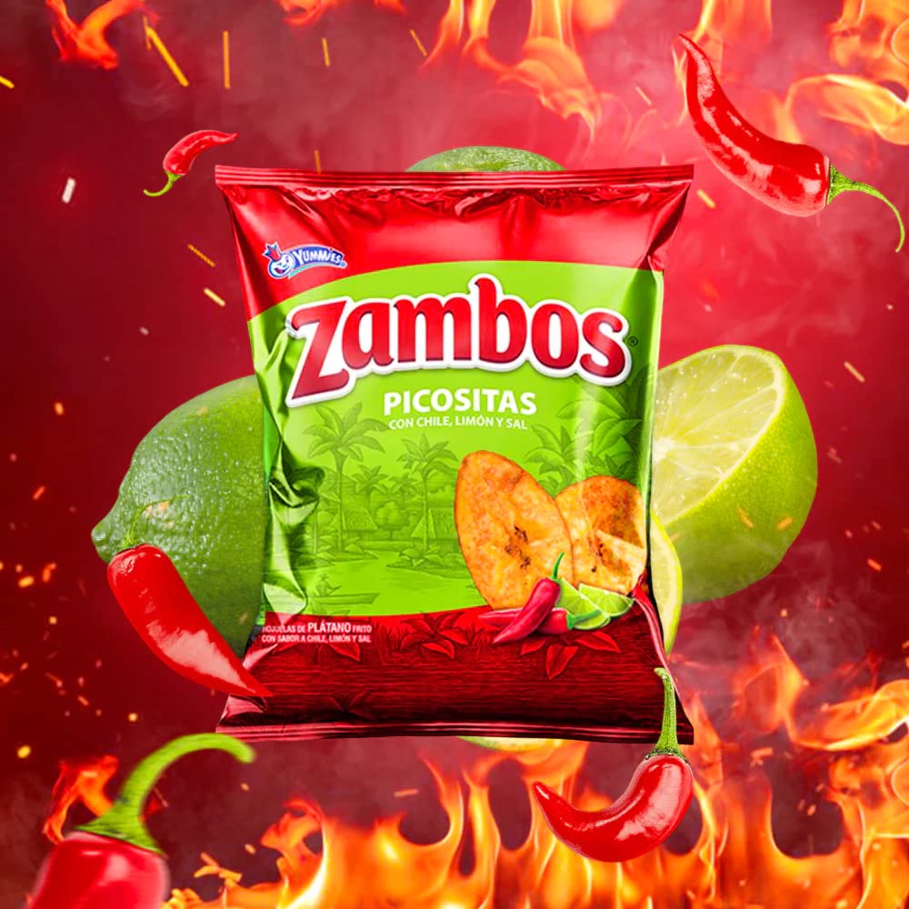 Zambos Plantain Chips: Spicy with Chili,Lime and Salt (Tajaditas de Plátano con Chile + Limón y Sal) Crunchy with spicy taste that many like | Salvajes del Trópico | 5.46 ounces (155grams) 24 pack