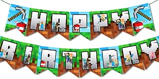 IndoTribe Pixel Happy Birthday Banner Pre-strung - 10 Ft Video Game Birthday Decorations Pixel Bday Decorations Miner Backdrop Pixel Birthday Decorations Miner Gamer Party Decorations