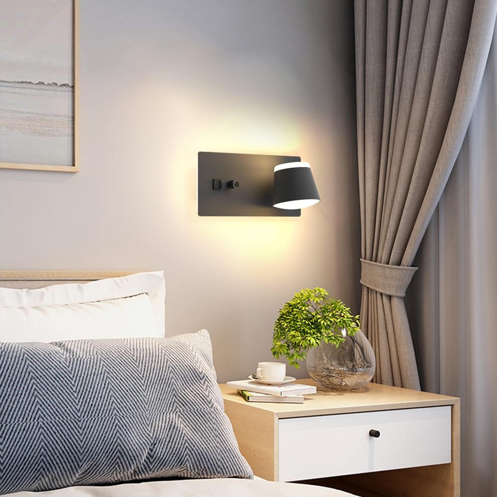 Sytmhoe Nachttischlampe Wandmontage mit Schalter USB C Dimmbar 16W 2 Stück | Schwarz matt 3000K Drehbar Wandleuchte Etagenbett, Kinderzimmer Leselampe mit Ladebuchse, platzsparende Schlafzimmer ohne