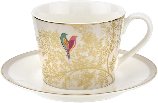 Sara Miller for Portmeirion SMCY78924-XG Tea Cup & Saucer-Light Grey Single, White/Gold