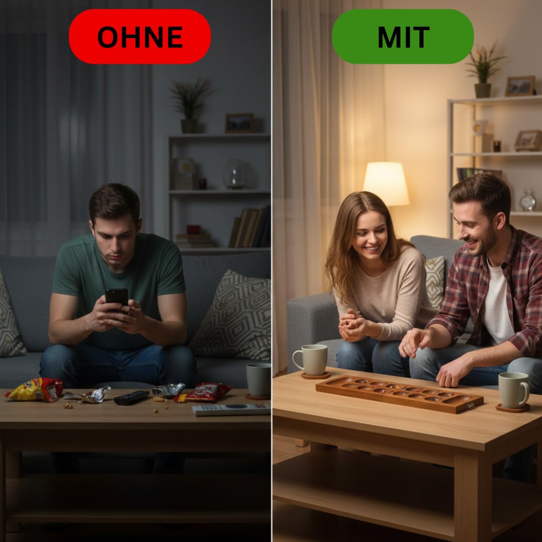 Exklusives Kalaha Spiel aus Echtholz | Steinchenspiel mit kunstvollen Afrikanischen Gravuren | Edles Kalaha Strategiespiel inkl. Natursteinen | Klappbar & Dekorativ
