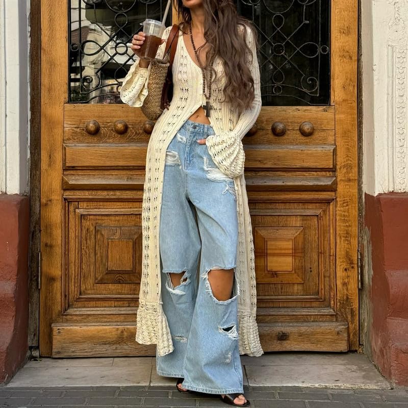 Women Crochet Knit Maxi Dress Long Sleeve Button Down Closure Cardigan Hollow Out Cover Up Dress Streetwear3