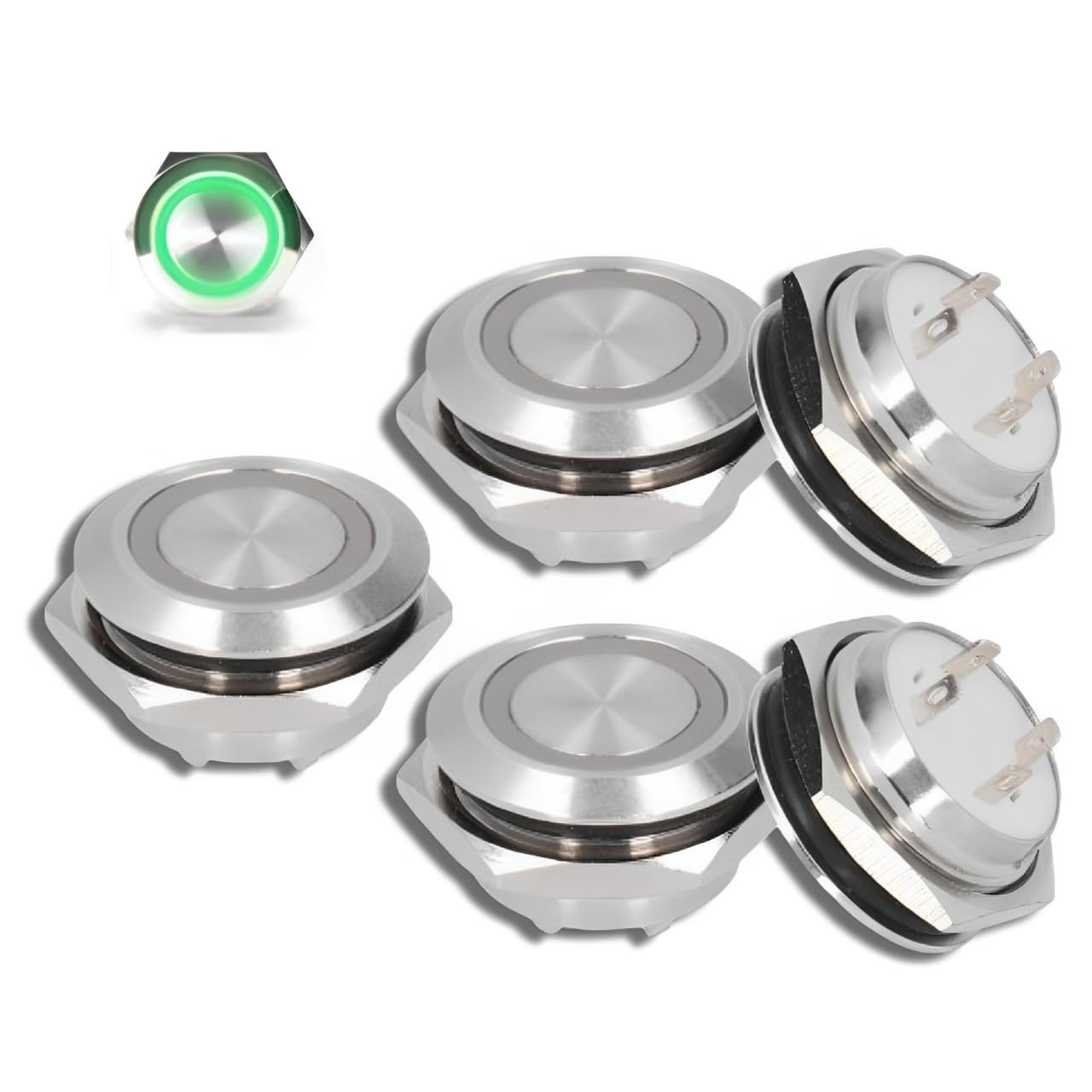 5 Pcs Momentary Led Push Button Switch, Stainless Steel Round Starter Power Switch Short Touch Self Reset Waterproof(Green, DC 3-6V)