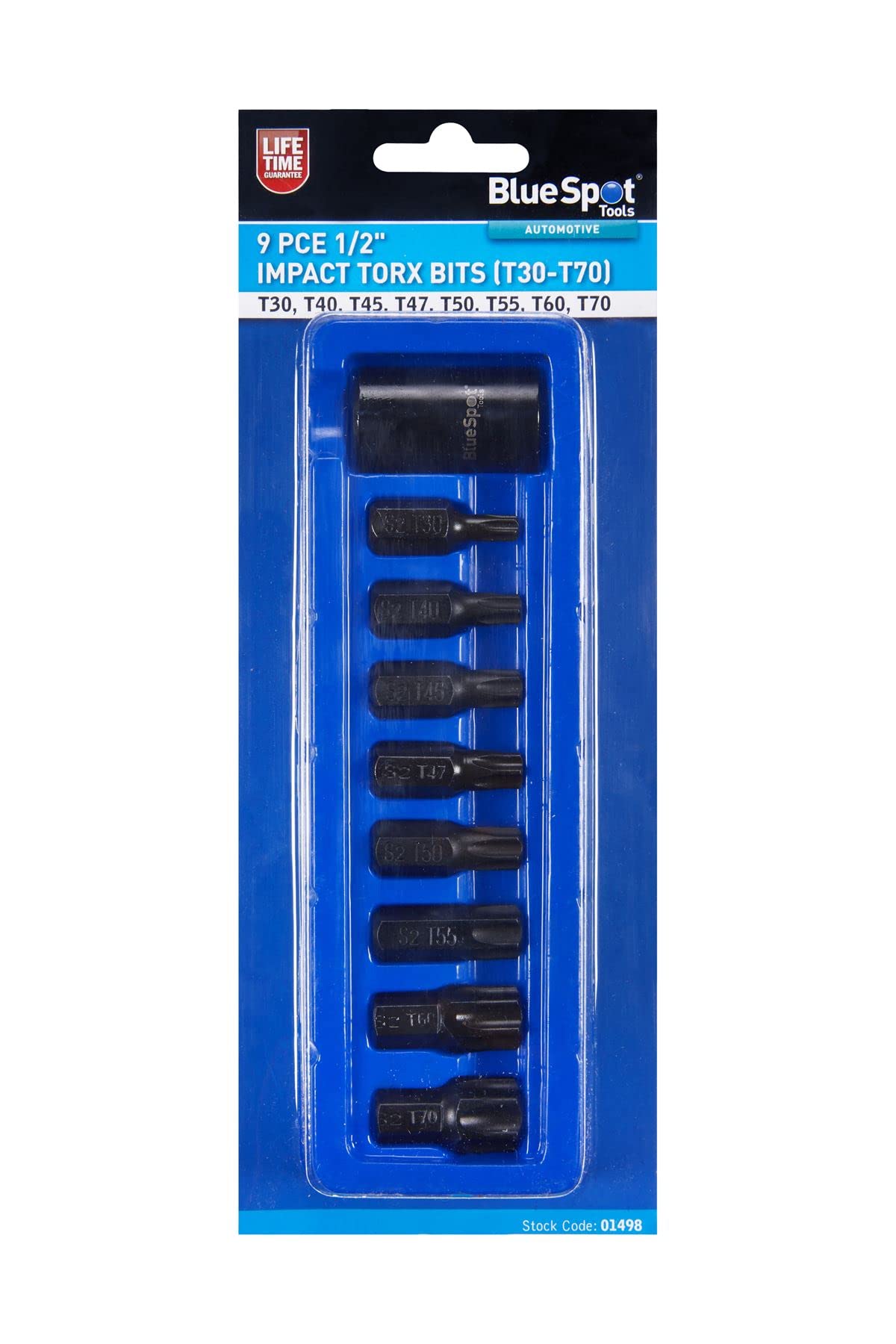 Blue Spot 01498 Impact Torx Bits T30-T70 9 Piece 1/2D