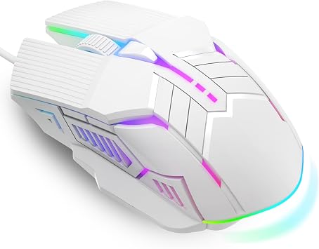 MELOGAGA Wired Gaming Mouse - Lightweight USB Optical Computer Mice with 7-Color RGB LED Lights, 4 Adjustable DPI 1200-3200, 6 Buttons, Ergonomic Design for Windows 7/8/10/XP/Vista & Linux White
