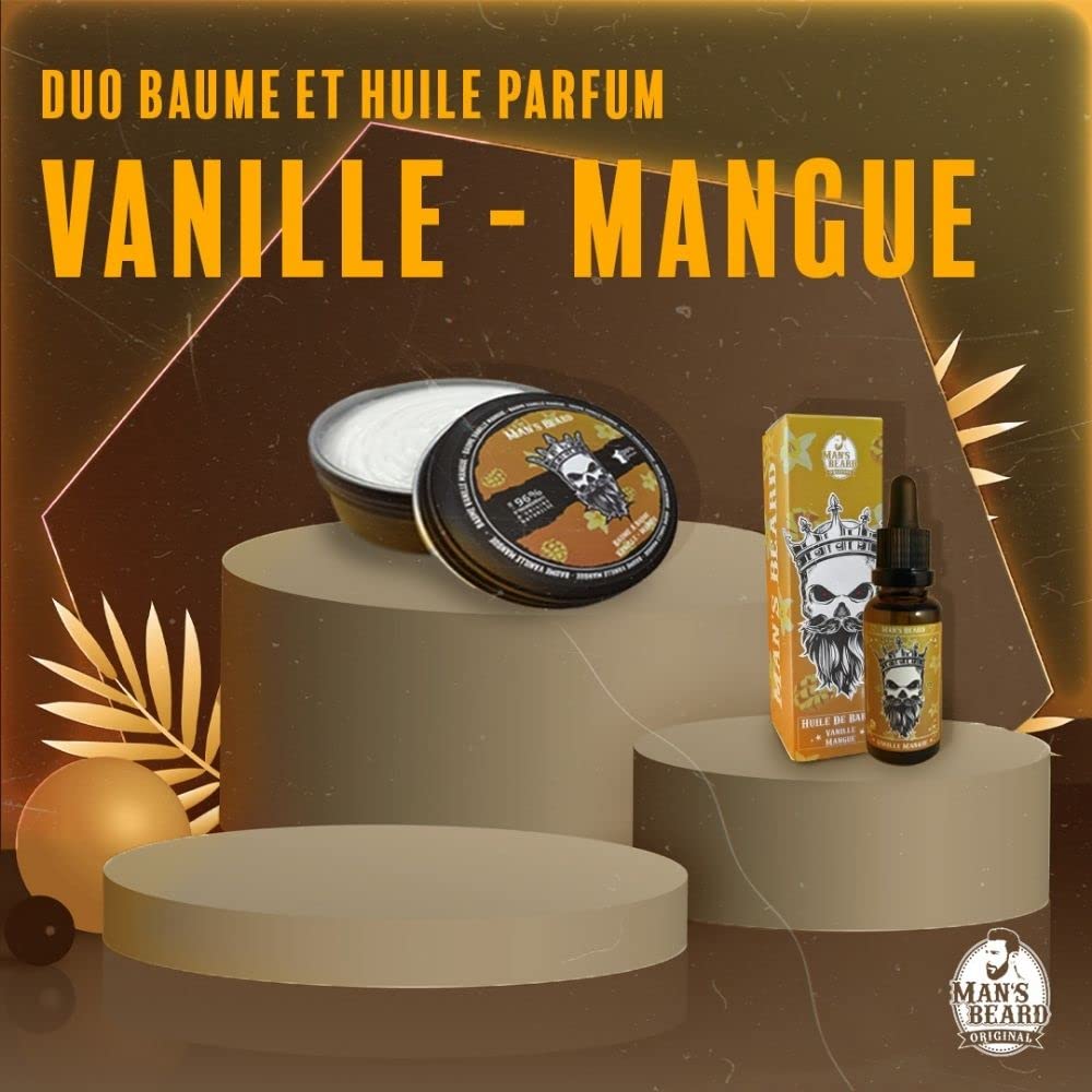 Man's Beard | Baume à barbe homme | Vanille Mangue | Ingrédients d'origine naturelle | Soin de barbe adoucissant et aide à la pousse de la barbe | 100% Fabrication Française