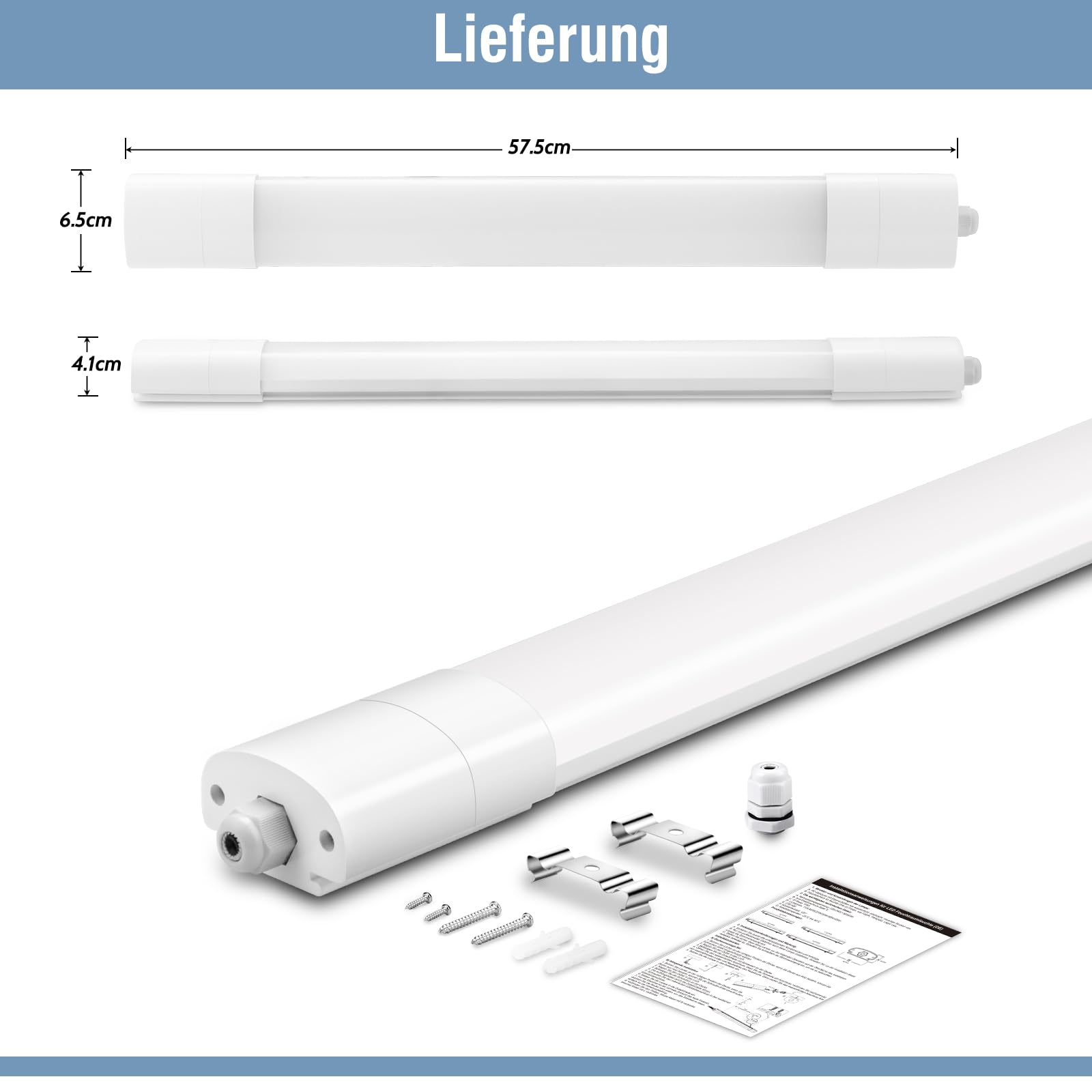 4PCS Tubo Led 60CM, 20W 2200LM, IP65 Impermeable Fluorescente Led, Lampara Regleta Led para Garaje, Oficina, Sótano, Taller, Cocina, Baño, Almacén, Blanco Natural 4000K