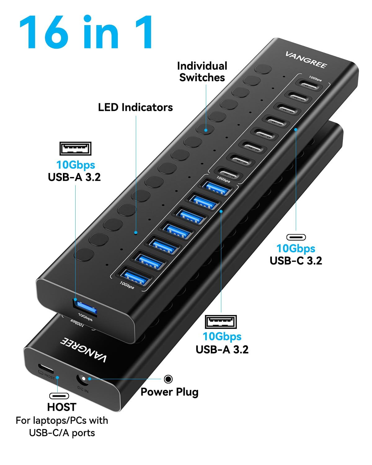 VANGREE Powered USB Hub, 16 Ports 10Gbps USB C Hub, 8X USB-A + 8X USB-C