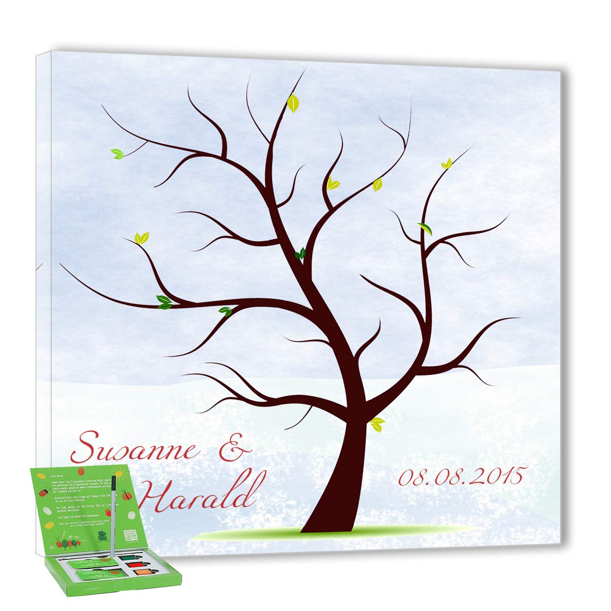 Hochzeitsbaum Fingerabdruck 60x60 mit NAMEN & DATUM - INKL Zubehör-Set (Stempelkissen+Stift+Anleitung+Hochzeitsbuch+...) GRATIS - Ehebaum Hintergrund - Hochzeitsbaum Fingerabdruck