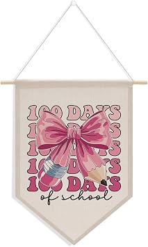 100th Day of School Pennant Flag, Classroom Decor, Kindergarten Primary High School 100 Days Classroom Party Supplies Decorations, Coquette Bow Pencil Hanging Pennant Flag Banner Wall Sign