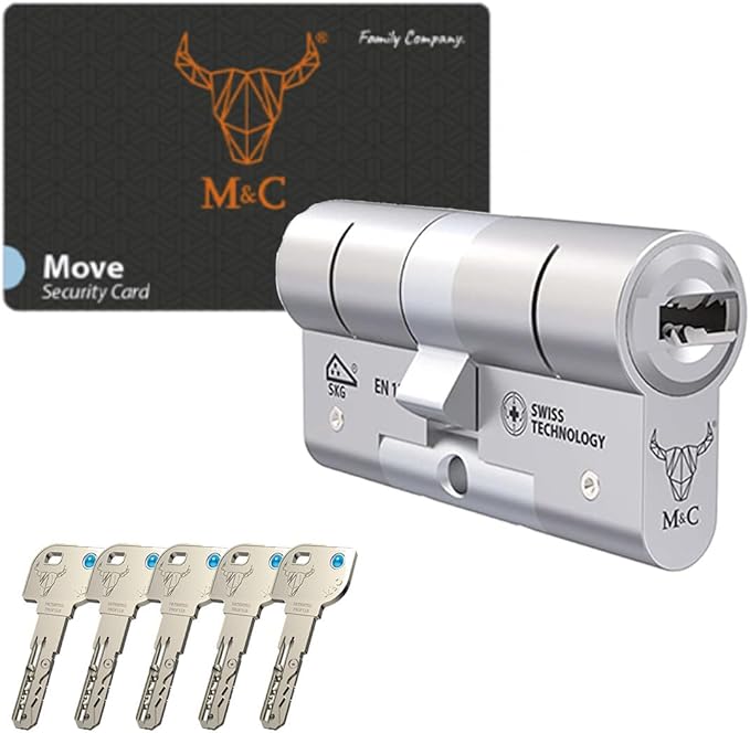 M&C Move Bombín Cerradura Alta Seguridad Anti Topolino Leva Larga Doble Embrague Seguridad Máxima SKG 3 Estrellas 32x32mm Anti Bumping Anti Taladro Níquel Pulido 5 Llaves Incluidas