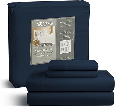 100% Egyptian Cotton Sheets Queen Size Set, 800 TC Deep Pocket Queen Sheets Set, Soft Breathable Sateen Weave 4 PC Elasticated Sheet & Pillowcase Sets, No Pill & Shrink, Fade Resistant- Dark Denim