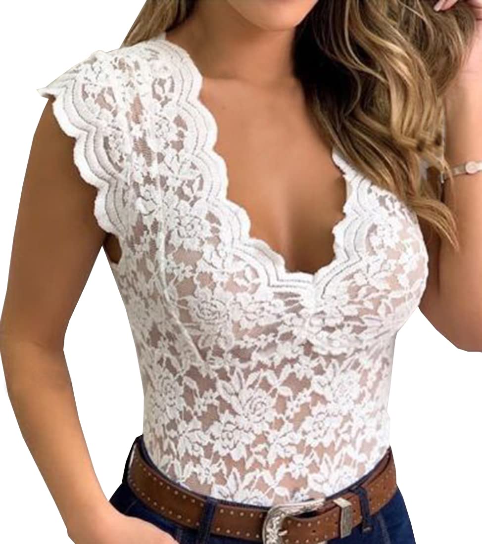 PANOZON Mujer Camiseta de Encaje sin Mangas Top Elástico Cuello V Sexy Camisola Cami Casual