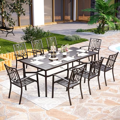 Image of PHI VILLA 9 Pcs Outdoor Dining Set, 83 inch Steel Table w /Umbrella Hole | Rectangular Metal Table w / Umbrella Hole & Stackable Wrought Iron Chairs,Patio Furniture for Patio, Deck, Yard, Porch