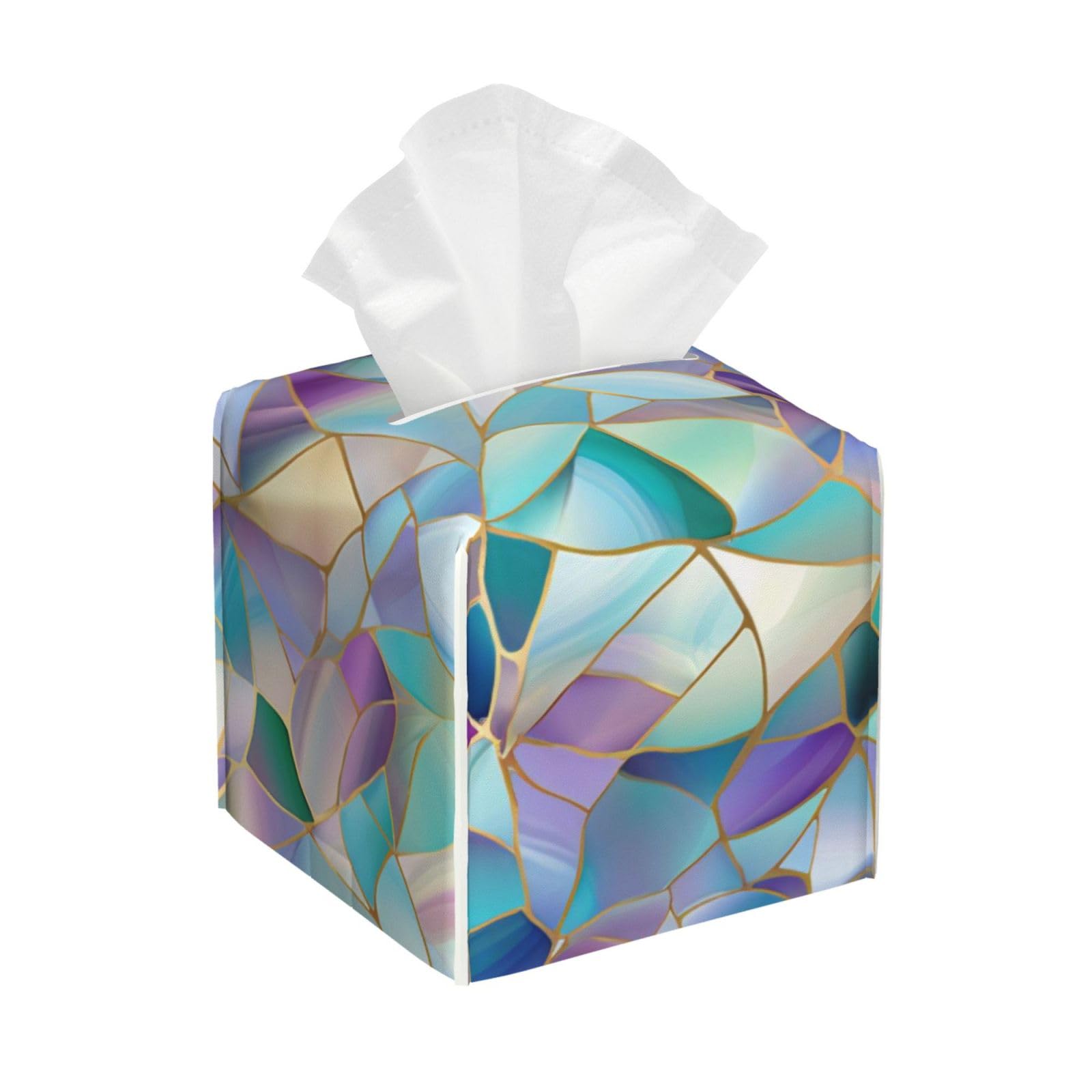 Modern Stained Glass Print Tissue Box Cover Holder Square, Foldable Modern Cube Tissue Box Cover, Leather Decorative Organizer for Tabletop Bathroom Car Office Desk Decor