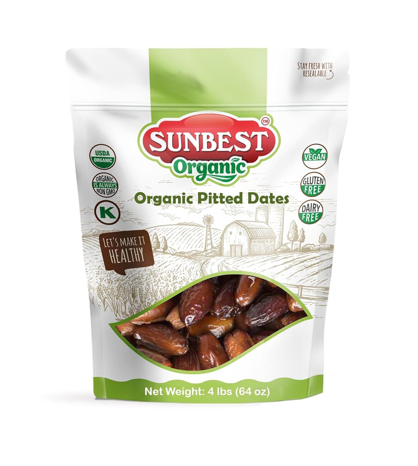 Sunbest Natural Deglet Noor Organic Dates, 4 lbs – Pitted & Whole – Bulk Dried Fruit Snack For Kids & Adults – Naturally Sweet For Baking & Cooking – Chewy, Fiber Rich, Kosher & No Sugar Added (64 oz)