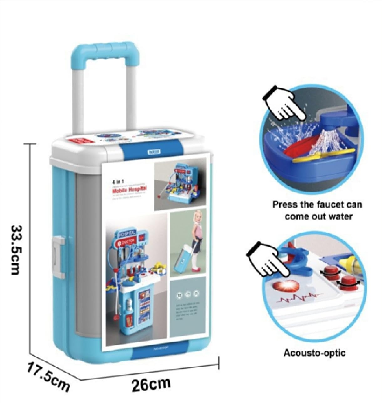 Serena & Jewel - Kit medico per stazione medica di simulazione per bambini, set 2 in 1, kit medico con tavolo e carrello