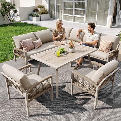 Xwiny Gartenmöbel Set für 8 Personen, 4-teiliges, 1 Tisch mit Holzoptik-Glasplatte, 2 Handgeflochtenen Sesseln, 1 Sofa, Eisengestell mit Beigen Kissen, Inklusive Aller Kissen und Sitzkissen