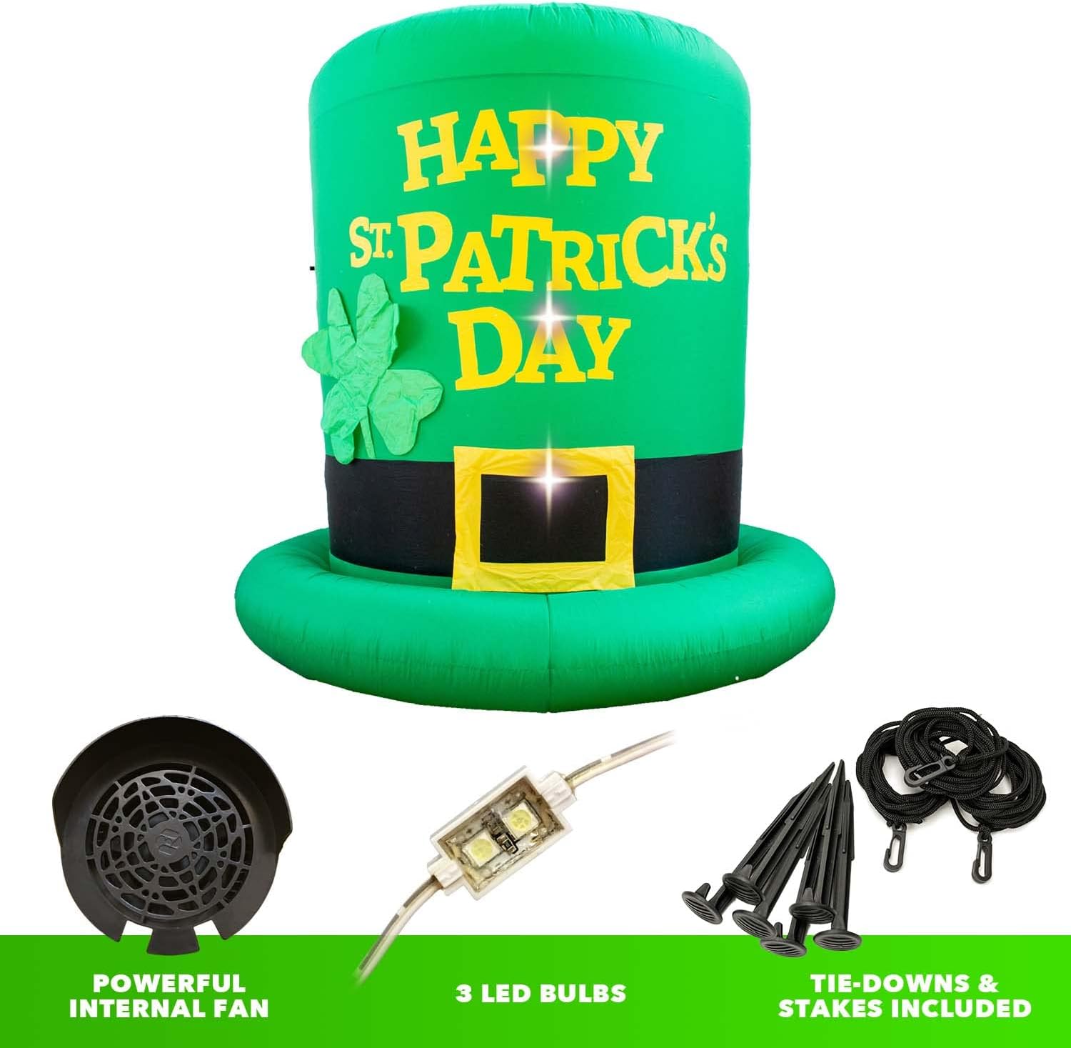 Holidayana 6ft St Patricks Day Inflatable Top Hat - Large St Patty’s Shamrock Leprechaun Hat Blow Up Yard Decoration, Includes Built-in Bulbs, Tie-Down Points, and Powerful Built-in Fan : Patio, Lawn & Garden