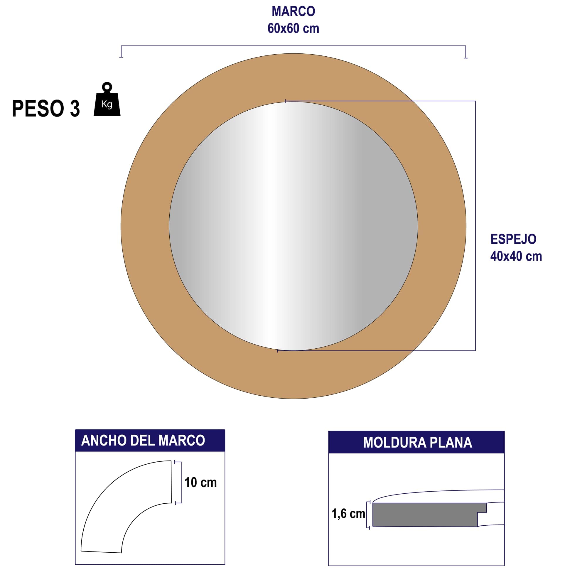 Espejo Redondo de Pared Trento Natural con Relieve, Ancho 10cm, 60x60 cm | Artesanal, Madera MDF de 12 mm, Espejo 4 mm, Fabricado en España