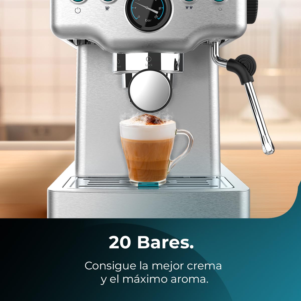 Cecotec Espressomaschine Barista Power Espresso 20 Barista Mini, 1465 W, 20 Bar, Manometer und Thermoblock, Schwenkbarer Dampfauslass und Doppelauslaufarm, 1,8 Liter Fassungsvermögen