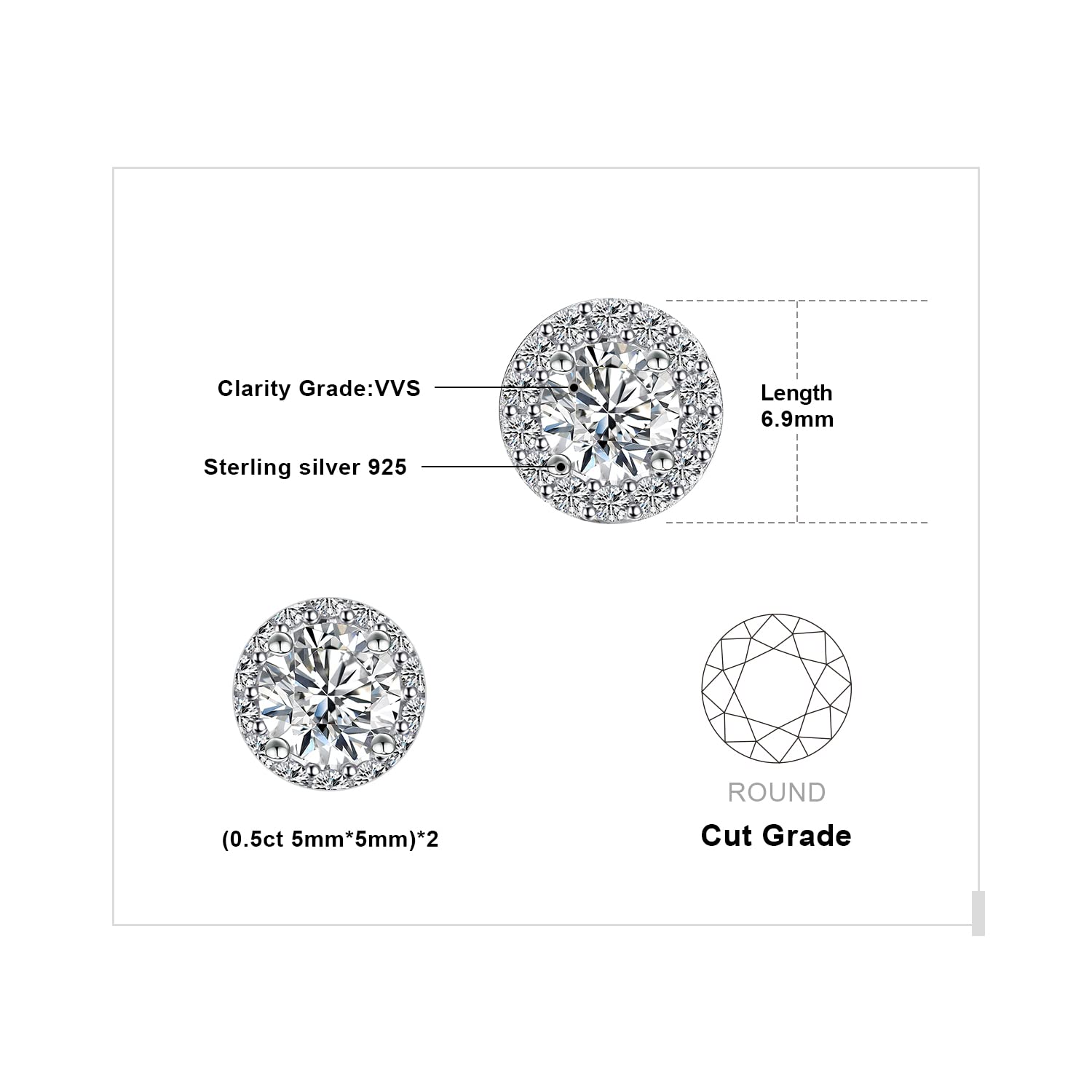 JewelryPalace Okrągły 1ct Moissanite Halo Kolczyki sztyfty Srebro 925, Zestaw biżuterii ślubnej, Kolczyki Srebrne Dziewczyny Kamień szlachetny Prezent Różowe złoto Złoto