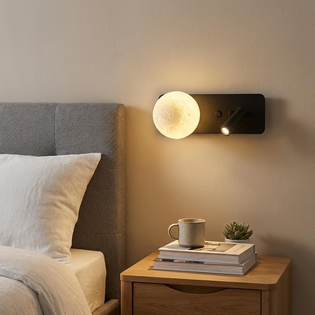 Alpinaluz Applique murale noire avec boule 3D style lune et spot de lecture LED 3 W 2800 K - Double interrupteur, culot G9, design moderne en métal pour chambre et tête de lit