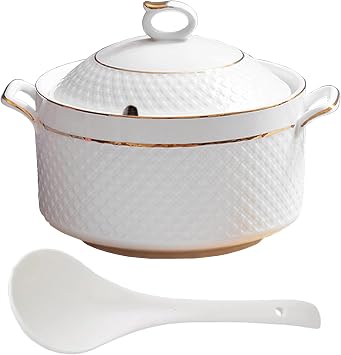 Ceramic Soup Tureen with Lid Carved Covered Soup Tureen with Ladle White Porcelain Serving Tureen Soup for Restaurant Home Kitchen Decoration Microwave and Dishwasher Safe,Gold