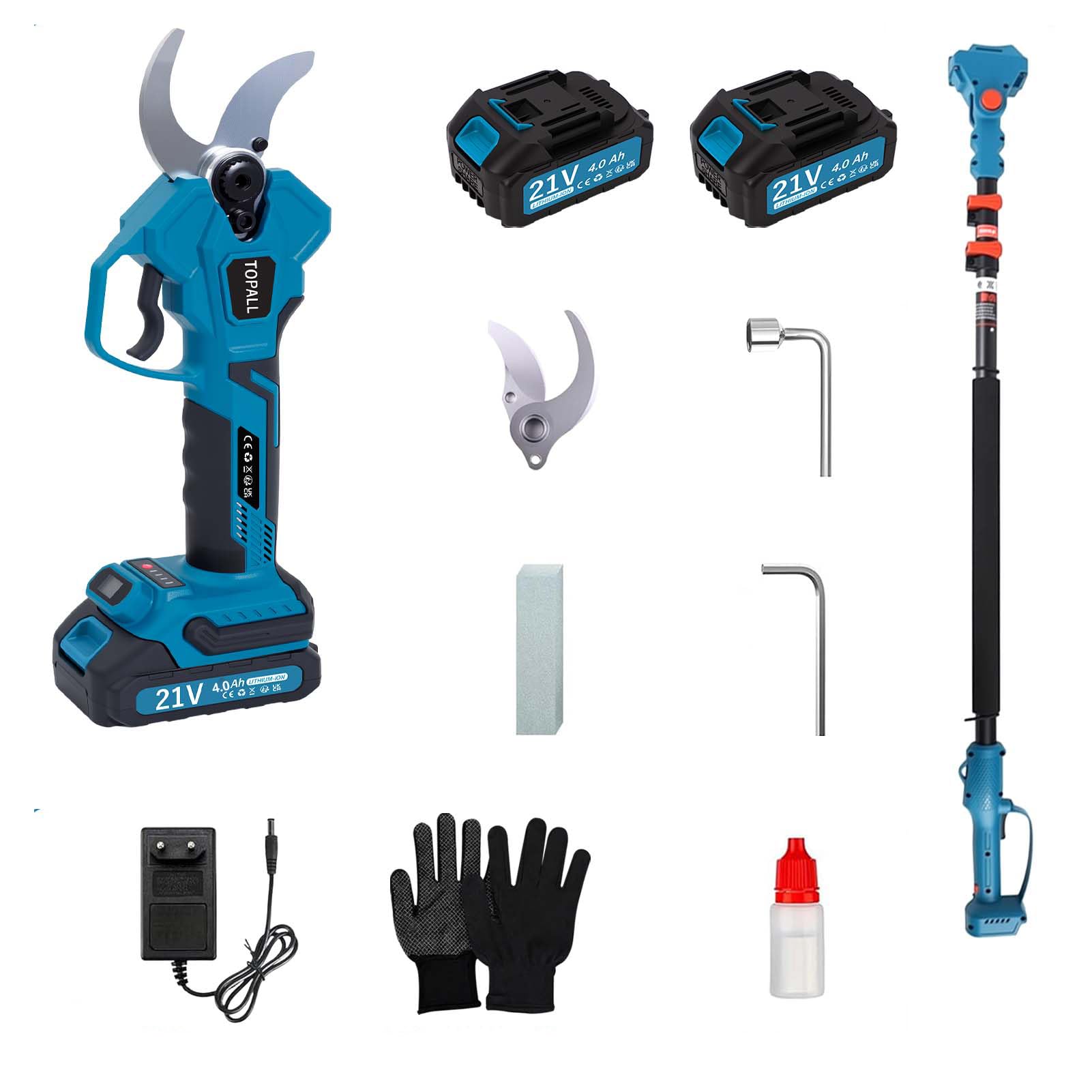 TOPALL Tijeras de Podar Electricas, 40MM Tijeras de Podar Bateria con Palo Telescópicas – Hasta 5M de Alcance, Profesionales Podadora Electrica con 2x4000mAh | 800W Motor Sin Escobillas | Pantalla LCD