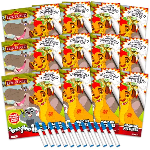 Disney Lion Guard Imagine Ink - Set di libri da colorare per bambini, confezione da 12 pezzi con inchiostro magico senza disordine, libri da colorare con il re leone, forniture per feste