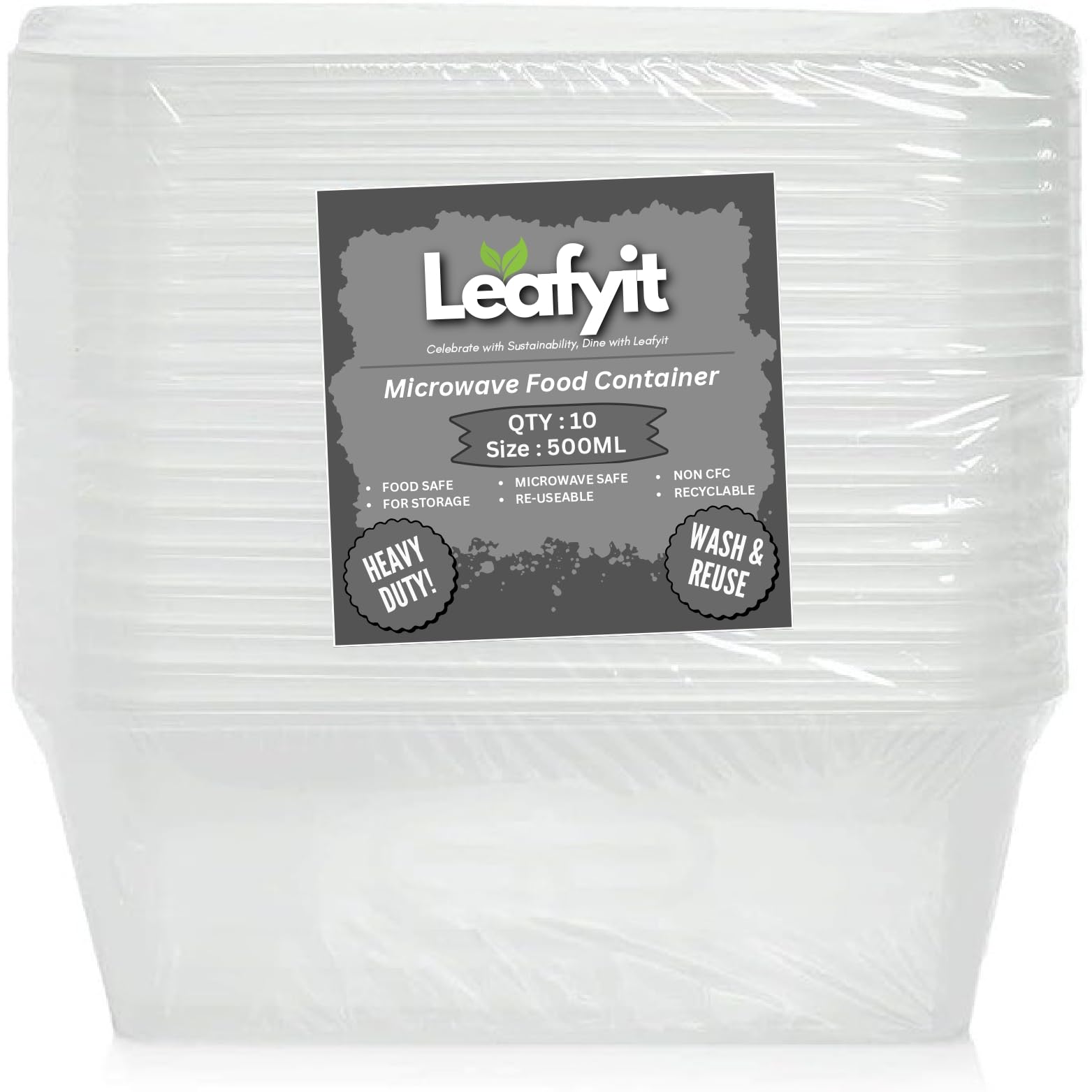 LEAFYIT 10 Pack of Plastic Food Containers with Leak Proof Lids, Rectangular, BPA Free, Microwave and Freezer Safe, Recyclable, Heavy-duty. (10 X 500 ml)