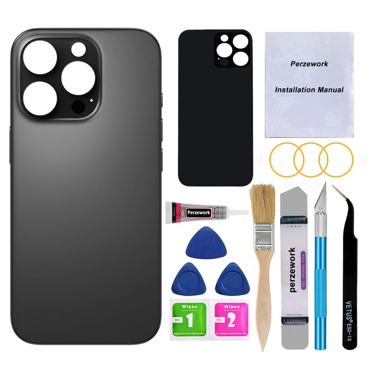 Perzework OEM Rear Back Glass Replacement for iPhone 16 Pro 6.3-inches with Reparing Tool Kit and Pre-Installed Adhesive (Black Titanium)